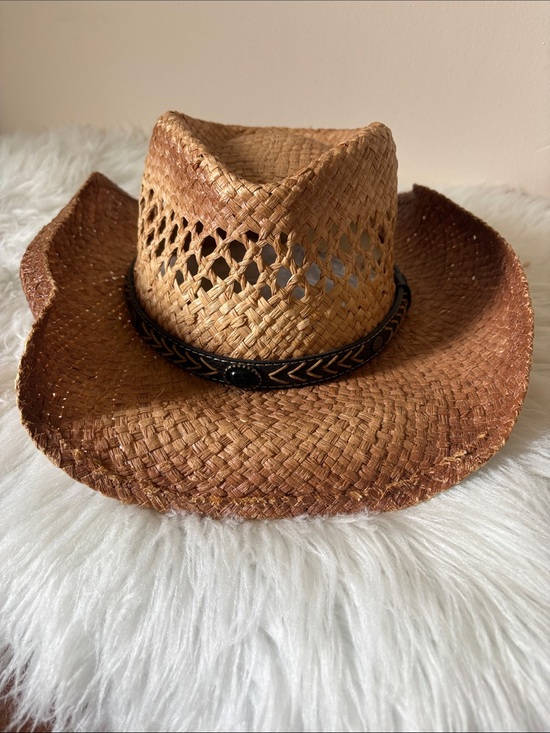 Accessories - Woven Straw Western Hat with Decorative Band - Brown